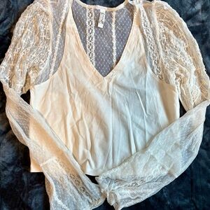 Free People, Elegant Cream Lace Sleeve Women's Top